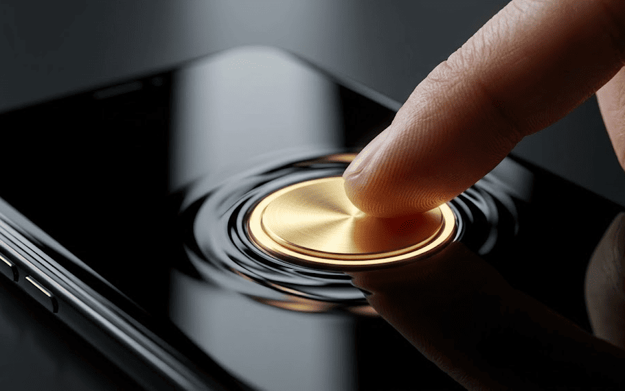 Finger pressing a gold control on a mobile casino interface